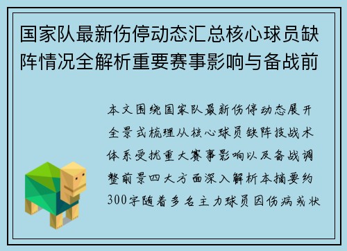 国家队最新伤停动态汇总核心球员缺阵情况全解析重要赛事影响与备战前景 国家队最新伤停动态汇总核心球员缺阵情况全解析重要赛事影响与备战前景