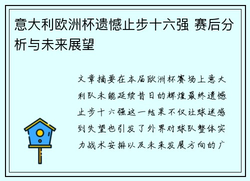 意大利欧洲杯遗憾止步十六强 赛后分析与未来展望